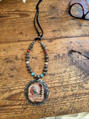 Native American Style Beaded Pendant Necklace with Turquoise & Red Accents